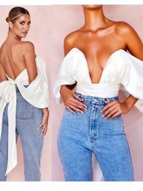 House of CB White Plunge Off-Shoulder Wrap Top